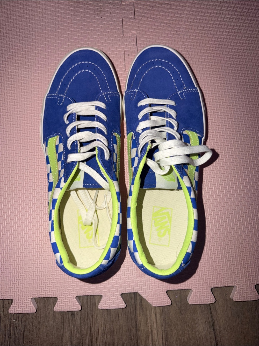 Vans Blue and Neon Green Checkerboard Old Skool